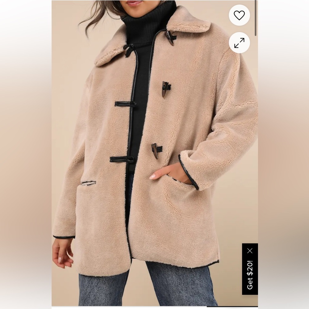 Beige Shearling Collared Toggle Coat - image 2